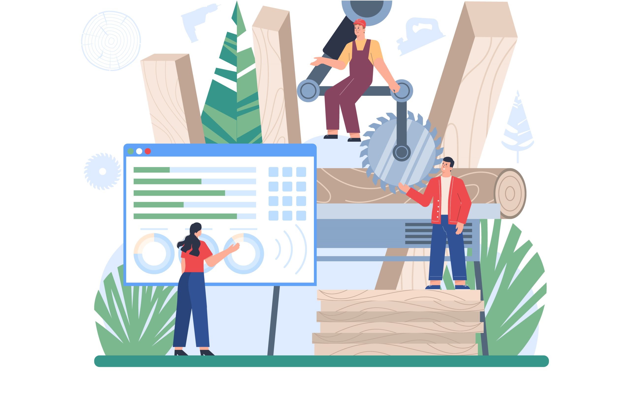 Wood industry concept. Woodworking line operator as a forestry production line. Sawing process control. Manufacturing and woodworking process. Isolated flat vector illustration